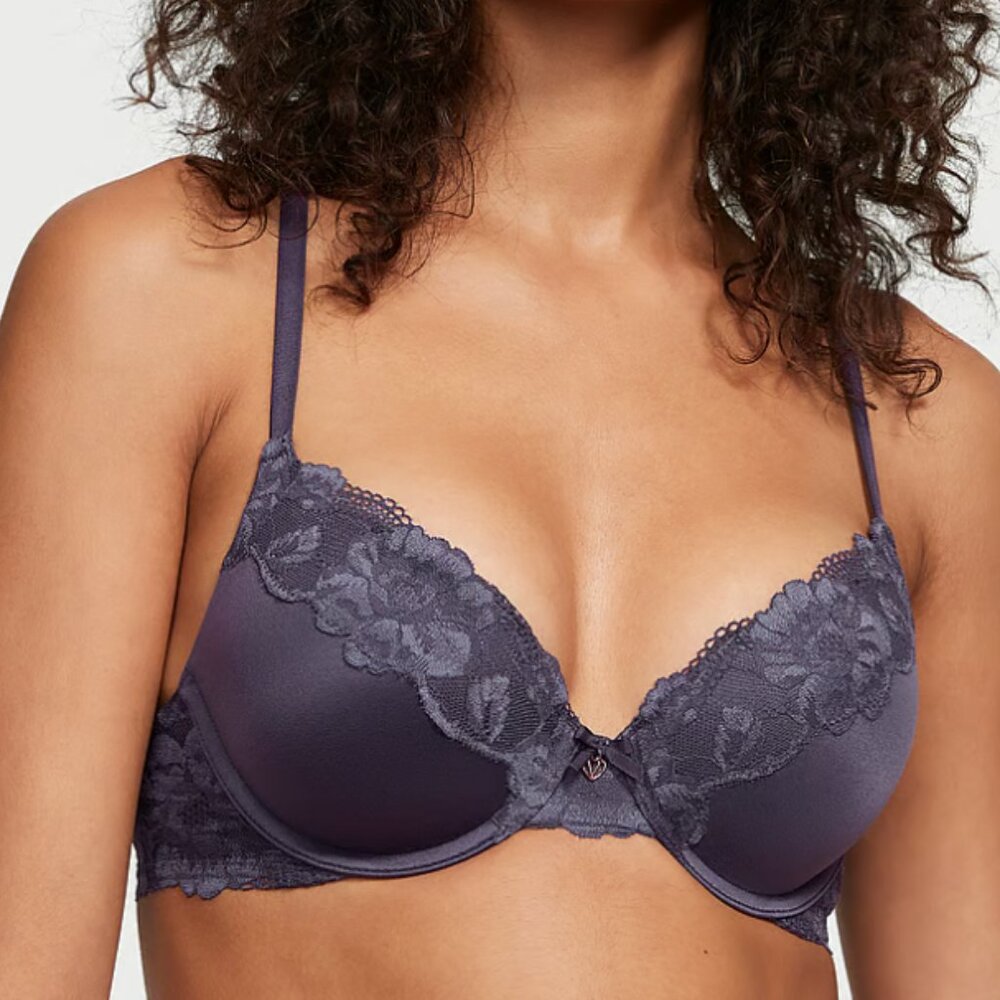 Victoria's Secret Perfect Shape Push-Up Lace-Trim Bra Slate Blue 32B